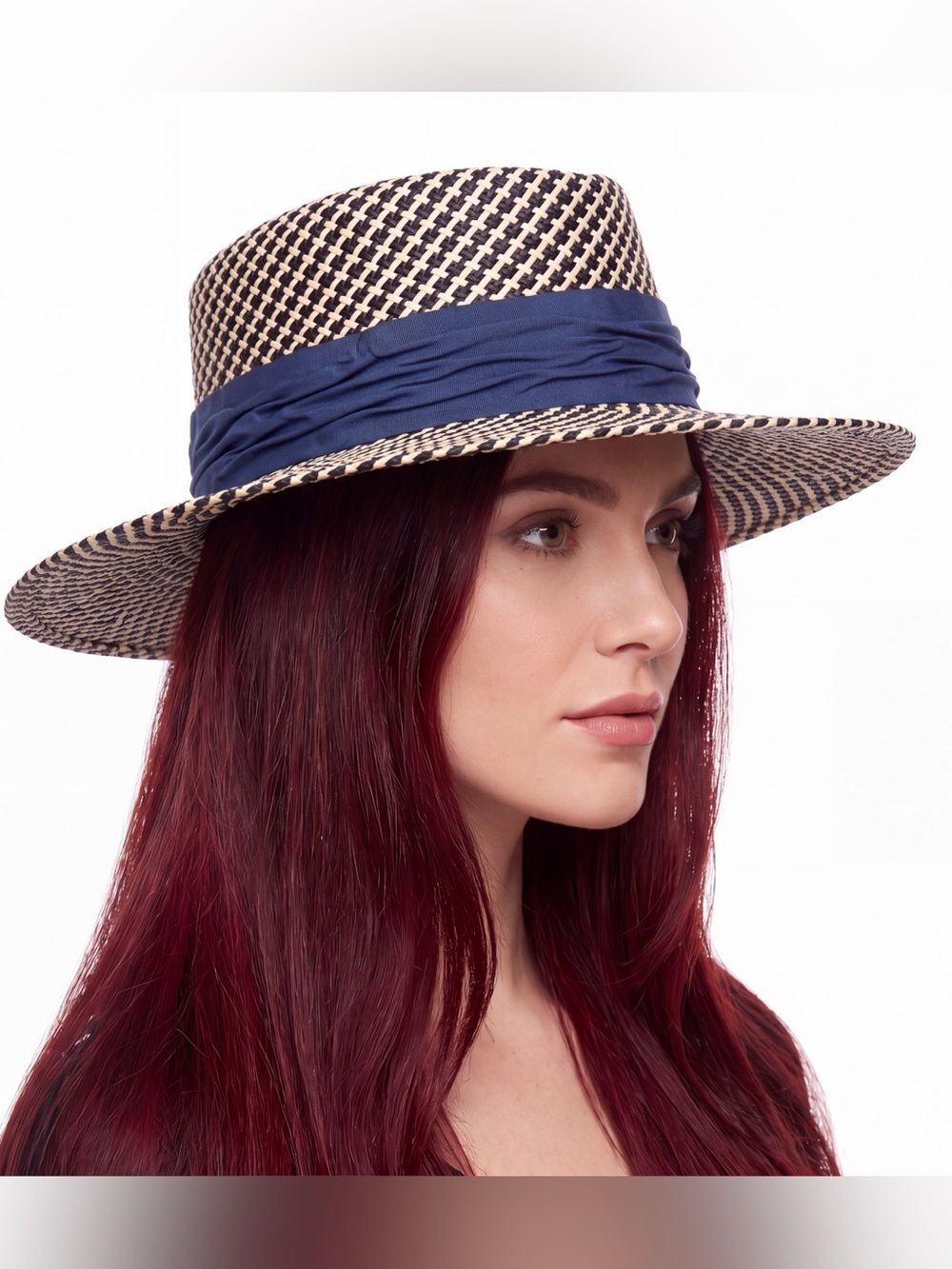 Two Tone Wide Brim Woven Boater Straw Hat